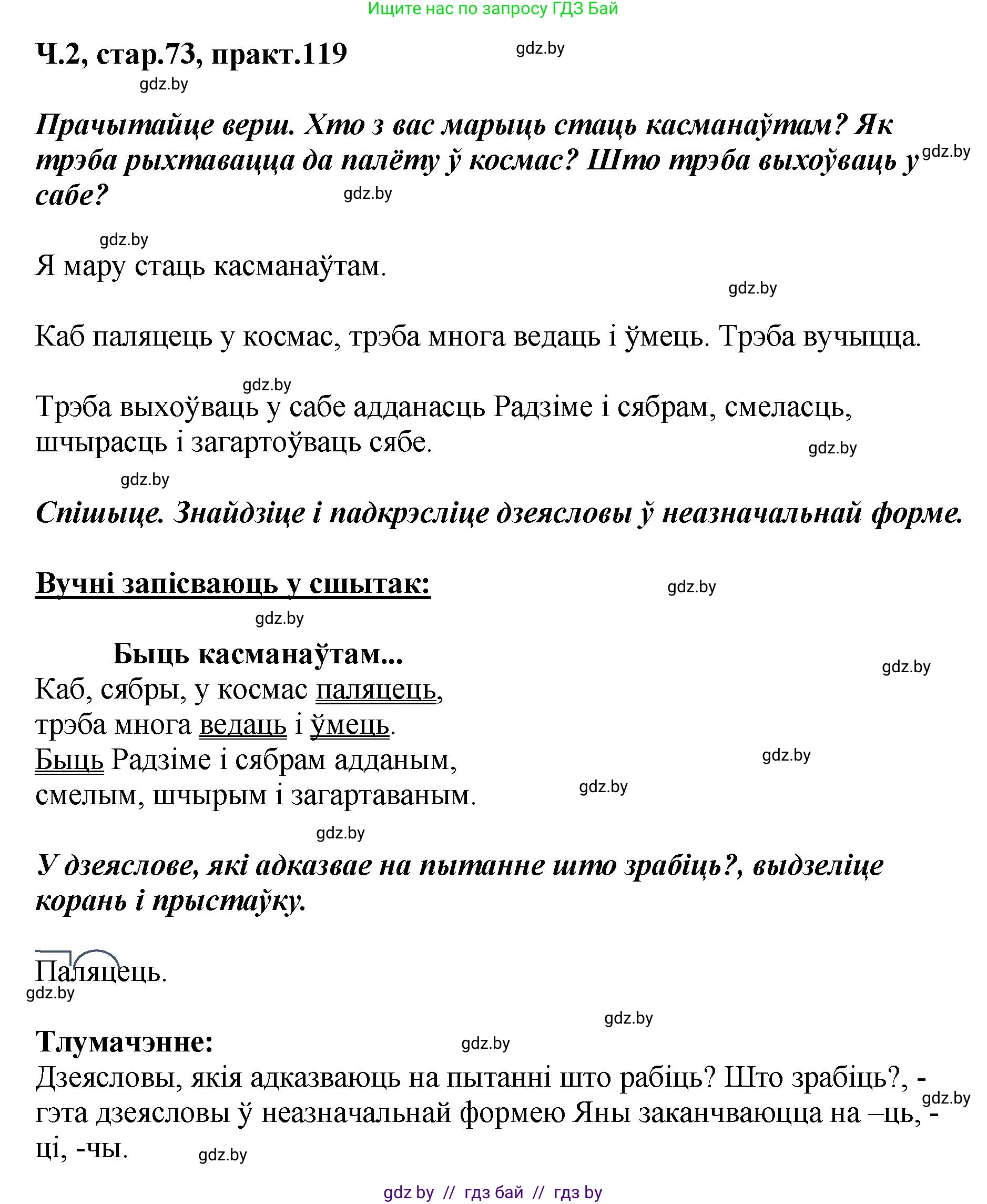 Белорусский язык (Беларуская мова), 4 класс Учебник, автор: Свірыдзенка Вольга Іванаўна, издательство Нацыянальны інстытут адукацыі, Минск, 2024, голубого цвета, Частка 2, страница 73, номер 119, Решение 2024