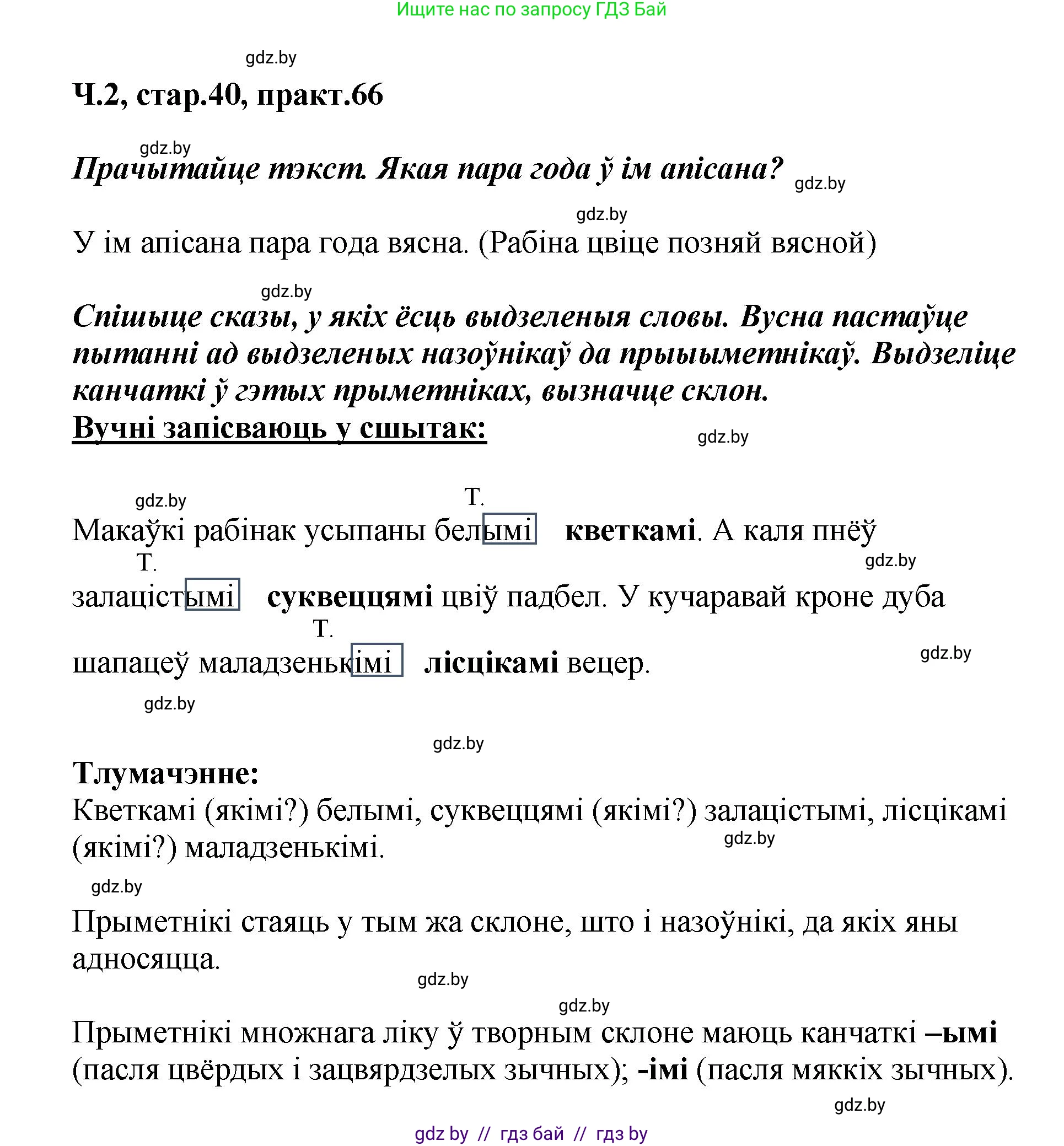 Белорусский язык (Беларуская мова), 4 класс Учебник, автор: Свірыдзенка Вольга Іванаўна, издательство Нацыянальны інстытут адукацыі, Минск, 2024, голубого цвета, Частка 2, страница 40, номер 66, Решение 2024