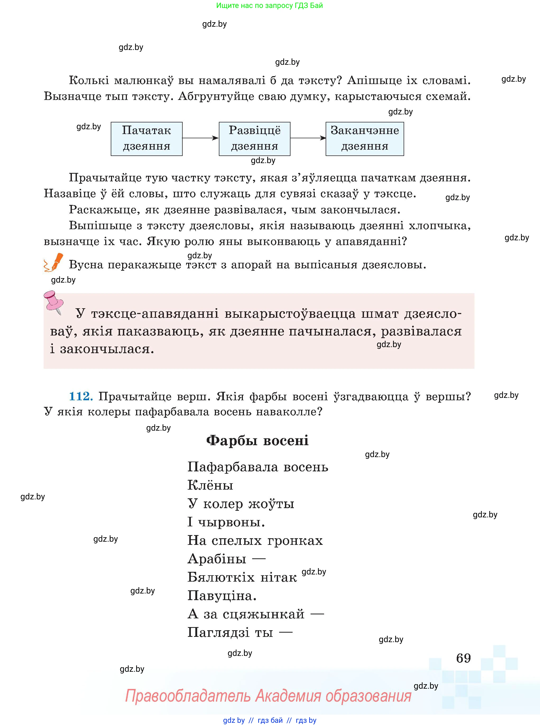 Белорусский язык (Беларуская мова), 5 класс Учебник, авторы: Валочка Ганна Міхайлаўна, Зелянко Вольга Уладзіміраўна, Мартынкевіч Святлана Васільеўна, Якуба Святлана Міхайлаўна, издательство Акадэмія адукацыі, Минск, 2024, голубого цвета, Частка 1, страница 69