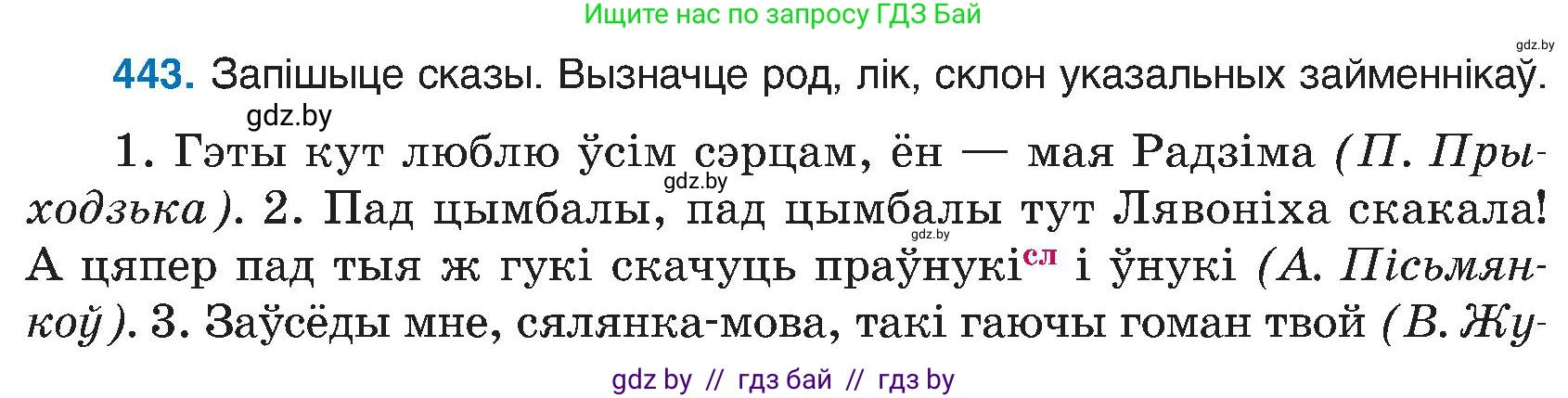 Белорусский язык (Беларуская мова), 6 класс Учебник, авторы: Валочка Ганна Міхайлаўна, Зелянко Вольга Уладзіміраўна, Мартынкевіч Святлана Васільеўна, Якуба Святлана Міхайлаўна, Бажкова Т І, издательство Акадэмія адукацыі, Минск, 2025, страница 220, номер 443, Условие 2025