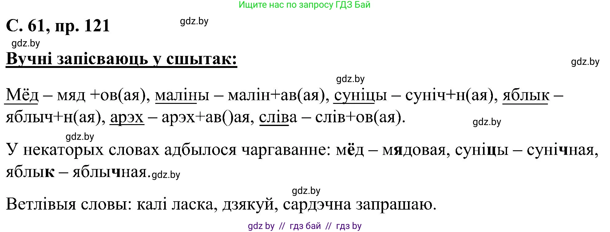 Белорусский язык (Беларуская мова), 6 класс Учебник, авторы: Валочка Ганна Міхайлаўна, Зелянко Вольга Уладзіміраўна, Мартынкевіч Святлана Васільеўна, Якуба Святлана Міхайлаўна, Бажкова Т І, издательство Акадэмія адукацыі, Минск, 2025, страница 61, номер 121, Решение