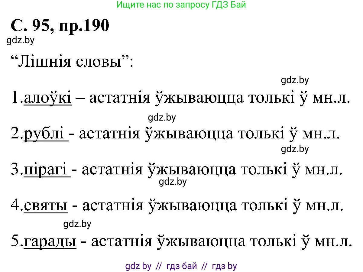 Белорусский язык (Беларуская мова), 6 класс Учебник, авторы: Валочка Ганна Міхайлаўна, Зелянко Вольга Уладзіміраўна, Мартынкевіч Святлана Васільеўна, Якуба Святлана Міхайлаўна, Бажкова Т І, издательство Акадэмія адукацыі, Минск, 2025, страница 95, номер 190, Решение