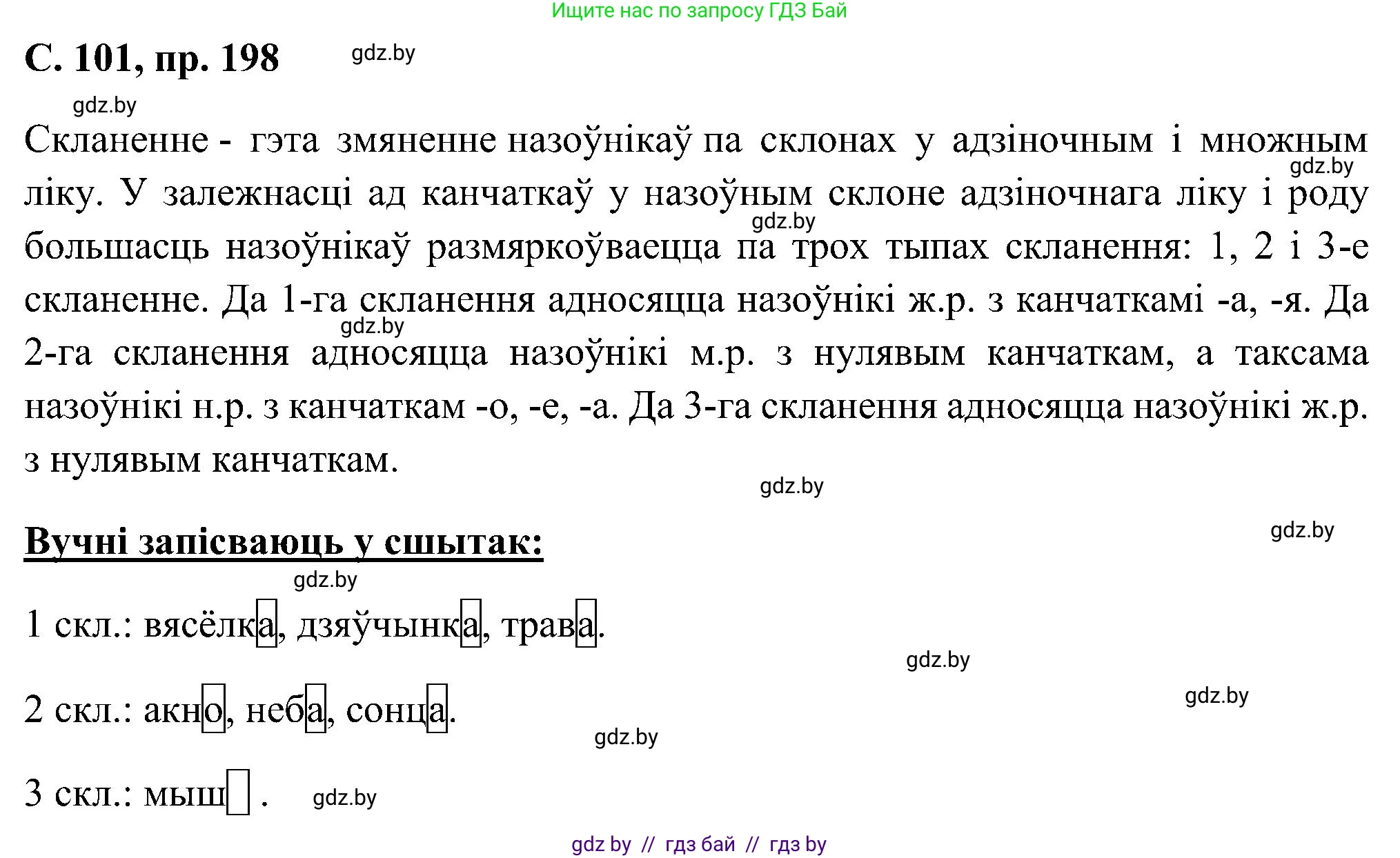 Белорусский язык (Беларуская мова), 6 класс Учебник, авторы: Валочка Ганна Міхайлаўна, Зелянко Вольга Уладзіміраўна, Мартынкевіч Святлана Васільеўна, Якуба Святлана Міхайлаўна, Бажкова Т І, издательство Акадэмія адукацыі, Минск, 2025, страница 101, номер 198, Решение