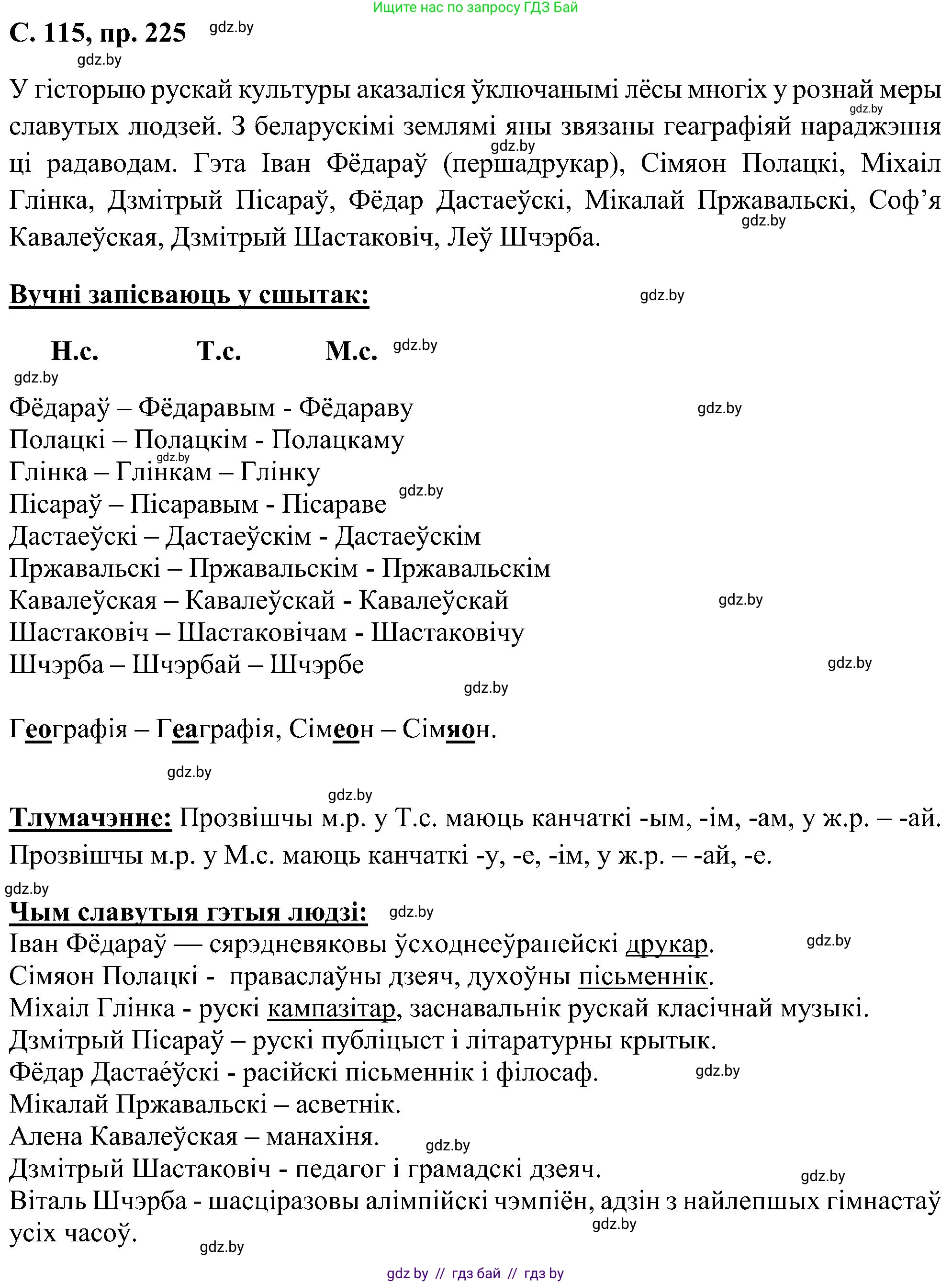 Белорусский язык (Беларуская мова), 6 класс Учебник, авторы: Валочка Ганна Міхайлаўна, Зелянко Вольга Уладзіміраўна, Мартынкевіч Святлана Васільеўна, Якуба Святлана Міхайлаўна, Бажкова Т І, издательство Акадэмія адукацыі, Минск, 2025, страница 115, номер 225, Решение