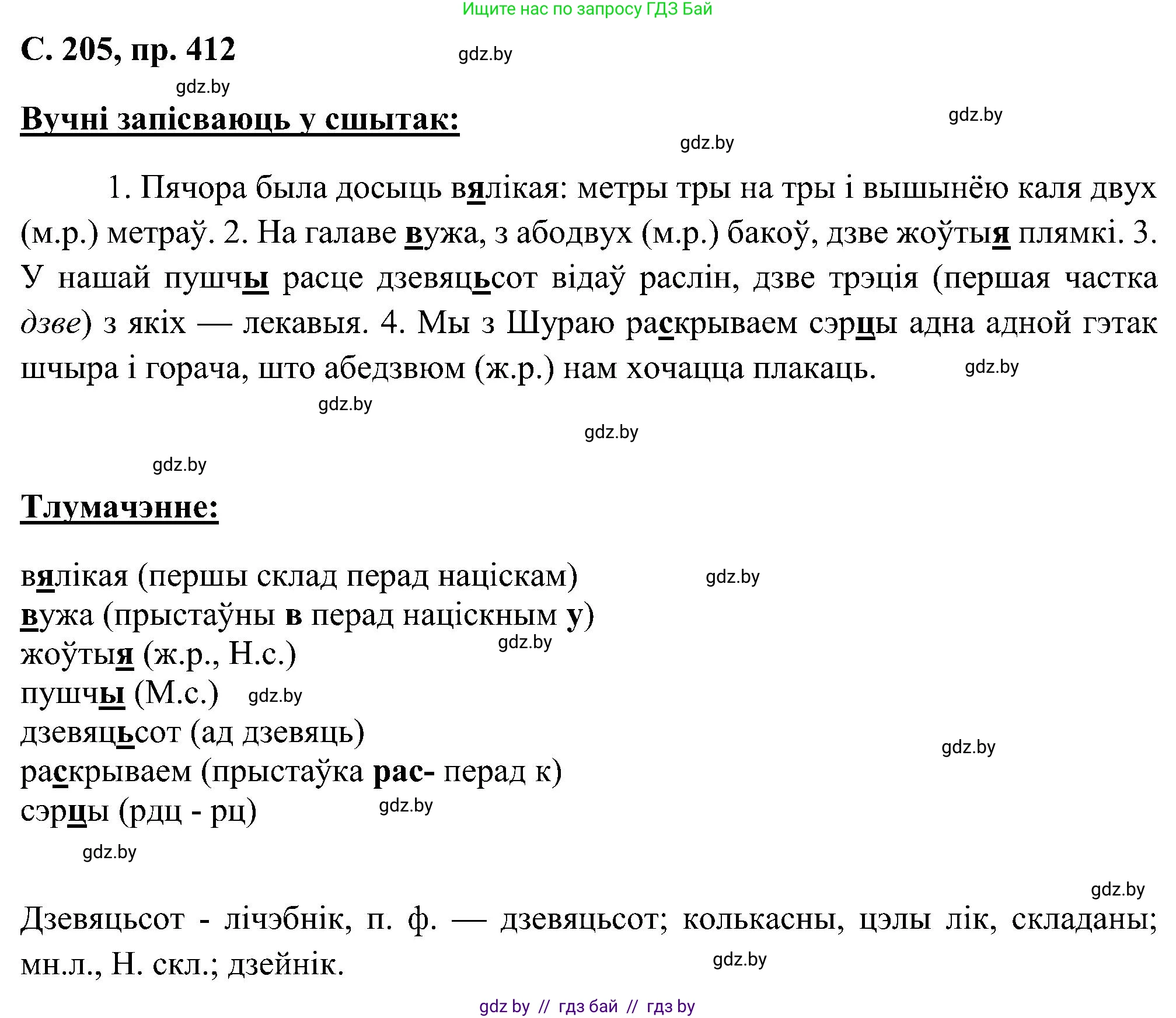 Белорусский язык (Беларуская мова), 6 класс Учебник, авторы: Валочка Ганна Міхайлаўна, Зелянко Вольга Уладзіміраўна, Мартынкевіч Святлана Васільеўна, Якуба Святлана Міхайлаўна, Бажкова Т І, издательство Акадэмія адукацыі, Минск, 2025, страница 205, номер 412, Решение