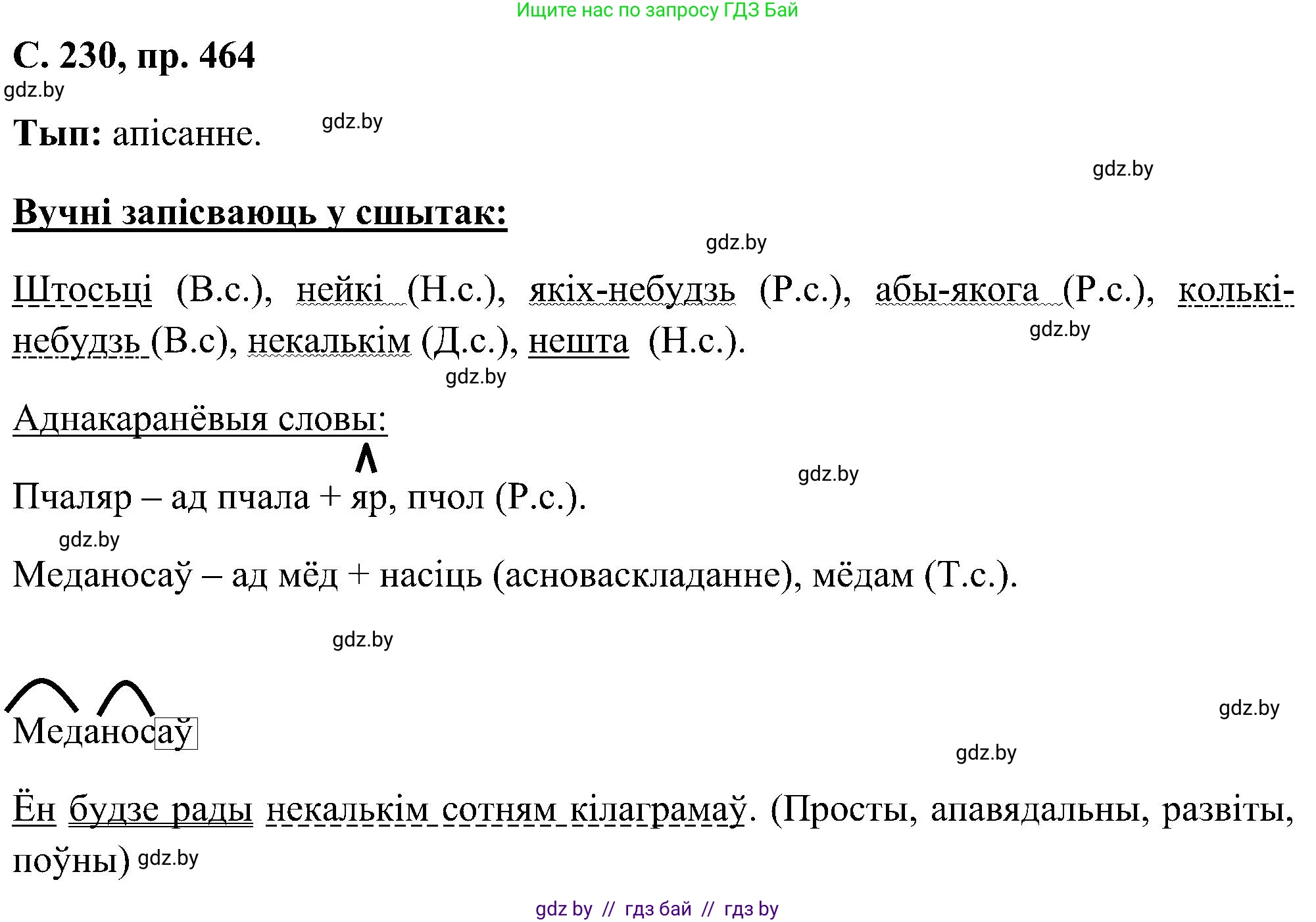 Белорусский язык (Беларуская мова), 6 класс Учебник, авторы: Валочка Ганна Міхайлаўна, Зелянко Вольга Уладзіміраўна, Мартынкевіч Святлана Васільеўна, Якуба Святлана Міхайлаўна, Бажкова Т І, издательство Акадэмія адукацыі, Минск, 2025, страница 230, номер 464, Решение