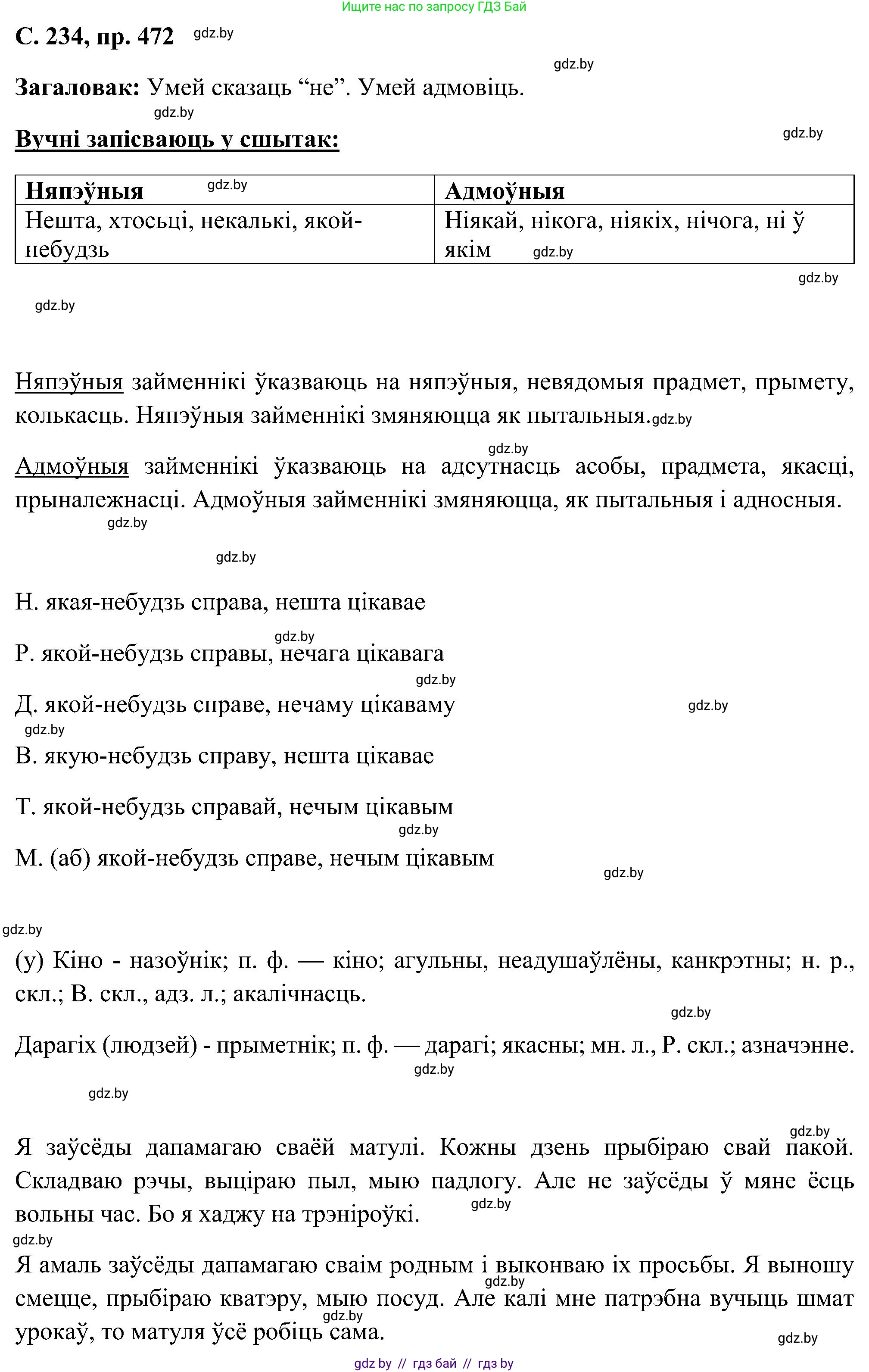 Белорусский язык (Беларуская мова), 6 класс Учебник, авторы: Валочка Ганна Міхайлаўна, Зелянко Вольга Уладзіміраўна, Мартынкевіч Святлана Васільеўна, Якуба Святлана Міхайлаўна, Бажкова Т І, издательство Акадэмія адукацыі, Минск, 2025, страница 234, номер 472, Решение