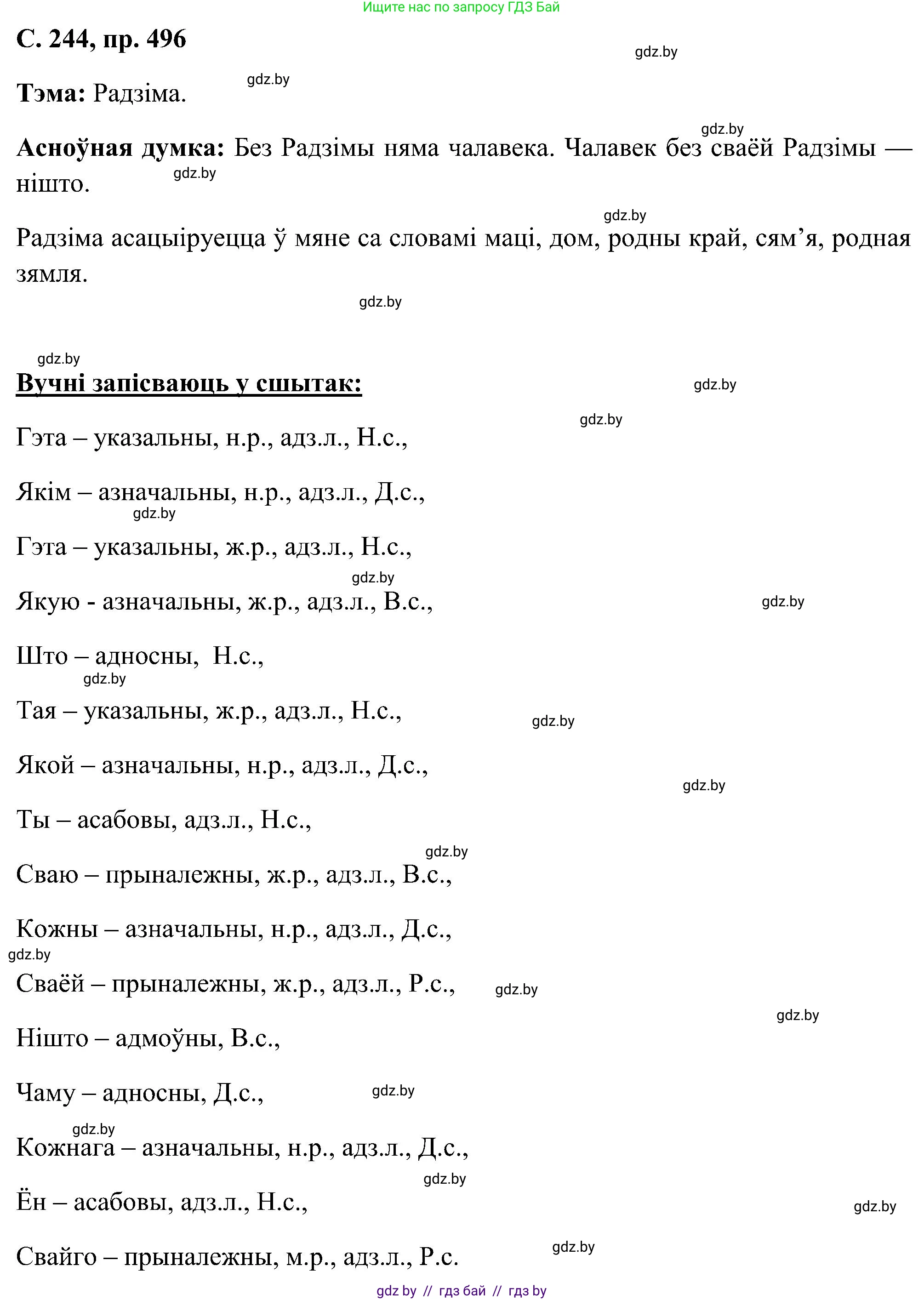 Белорусский язык (Беларуская мова), 6 класс Учебник, авторы: Валочка Ганна Міхайлаўна, Зелянко Вольга Уладзіміраўна, Мартынкевіч Святлана Васільеўна, Якуба Святлана Міхайлаўна, Бажкова Т І, издательство Акадэмія адукацыі, Минск, 2025, страница 244, номер 496, Решение