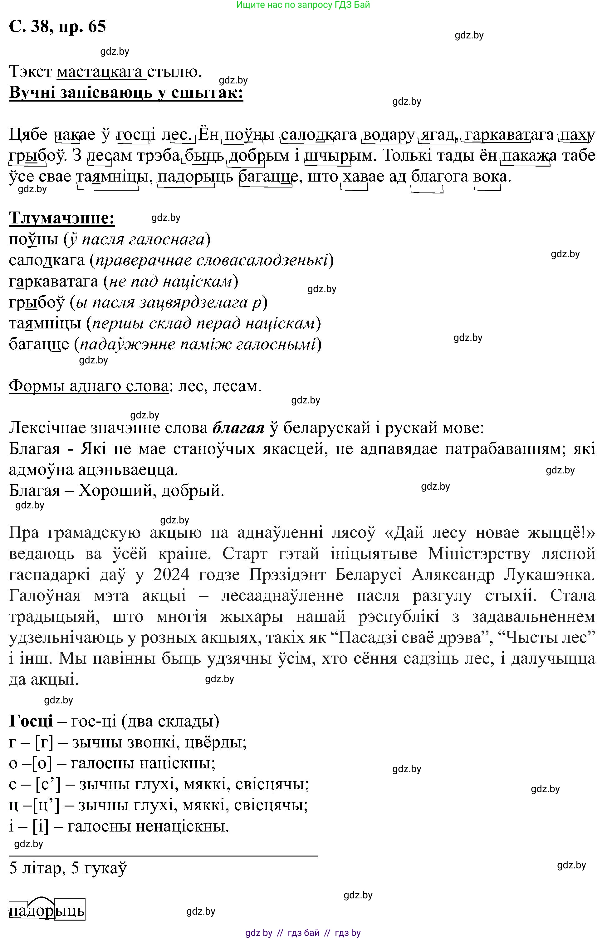 Белорусский язык (Беларуская мова), 6 класс Учебник, авторы: Валочка Ганна Міхайлаўна, Зелянко Вольга Уладзіміраўна, Мартынкевіч Святлана Васільеўна, Якуба Святлана Міхайлаўна, Бажкова Т І, издательство Акадэмія адукацыі, Минск, 2025, страница 38, номер 65, Решение