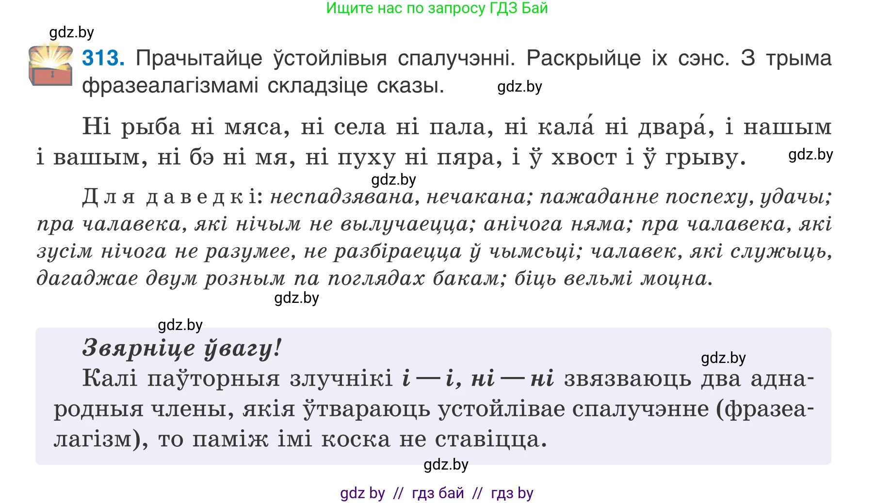 Белорусский язык (Беларуская мова), 7 класс Учебник, авторы: Валочка Ганна Міхайлаўна, Зелянко Вольга Уладзіміраўна, Язерская Святлана Анатольеўна, издательство Нацыянальны інстытут адукацыі, Минск, 2020, страница 185, номер 313, Условие