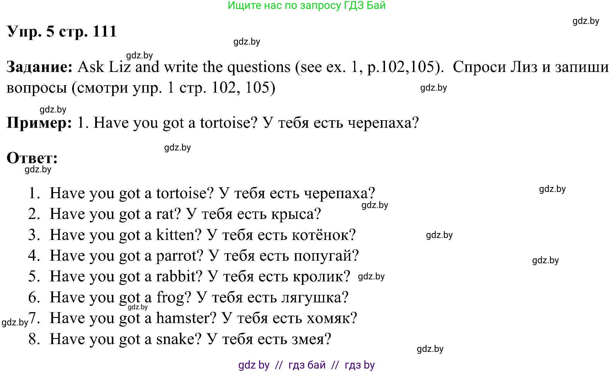Английский язык (english), 3 класс Учебник, авторы: Лапицкая Людмила Михайловна (Lapitskaya Ludmila), Калишевич Алла Ивановна, Севрюкова Татьяна Юрьевна, Седунова Наталья Михайловна (Sedunova Natalia), издательство Вышэйшая школа, Минск, 2023, Часть 1, страница 111, номер 5, Решение