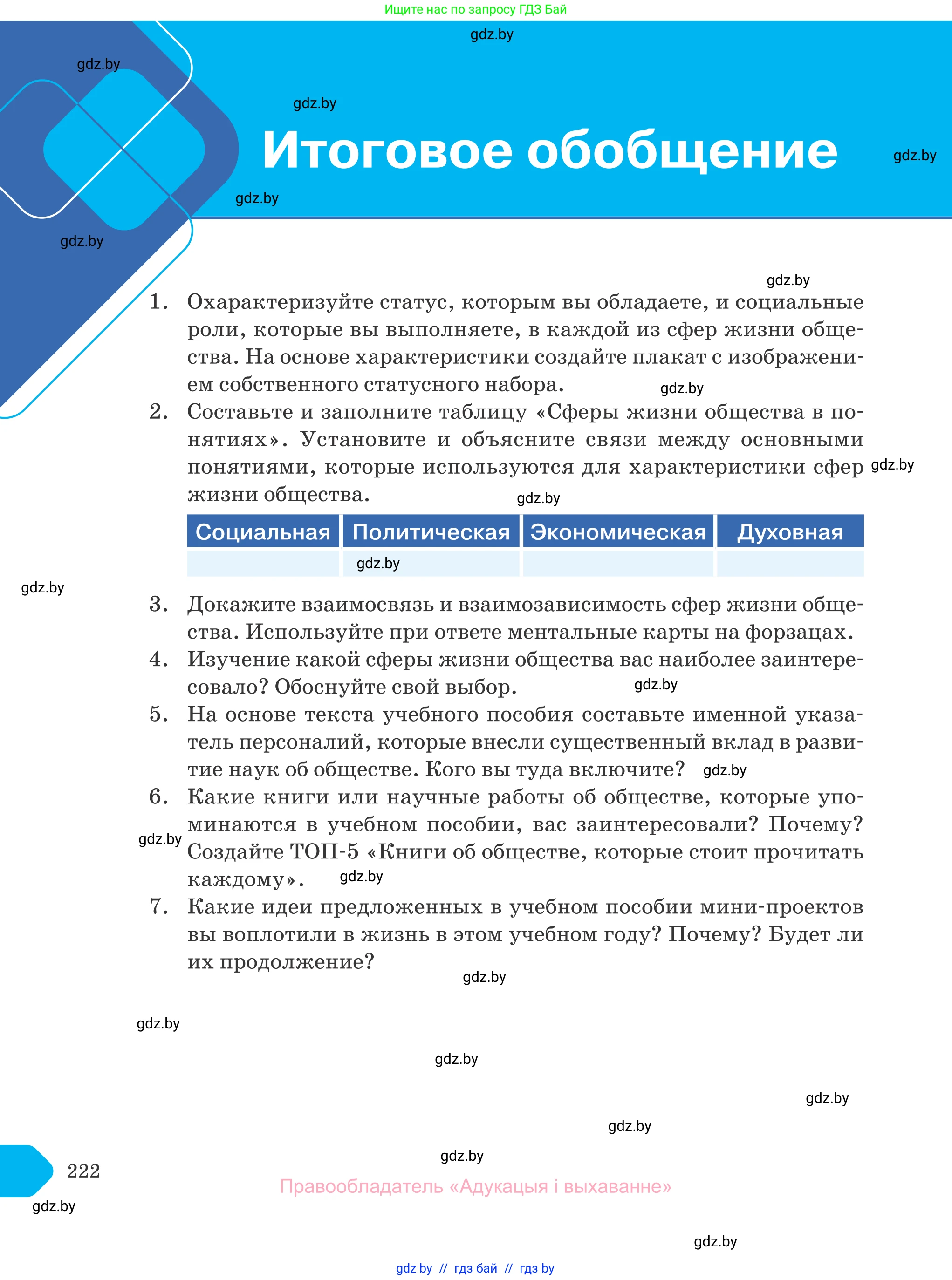 Обществоведение, 10 класс Учебник, авторы: Данилов Александр Николаевич, Полейко Елена Александровна, Кушнер Надежда Васильевна, Бернат Ирина Петровна, Безнюк Д К, Белов А А, Гречнева Е Ф, Кобяк О В, Мармашова С П, Можейко М А, Старовойтова Л В, Черченко Н В, издательство Адукацыя i выхаванне, Минск, 2020, страница 222