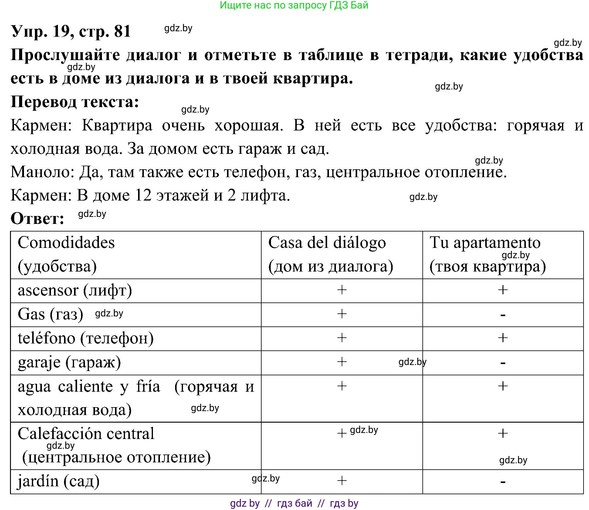 Испанский язык, 4 класс Учебник, авторы: Гриневич Елена Карловна, Бахар Лариса Николаевна, издательство Вышэйшая школа, Минск, 2019, красного цвета, Часть 1, страница 81, номер 19, Решение