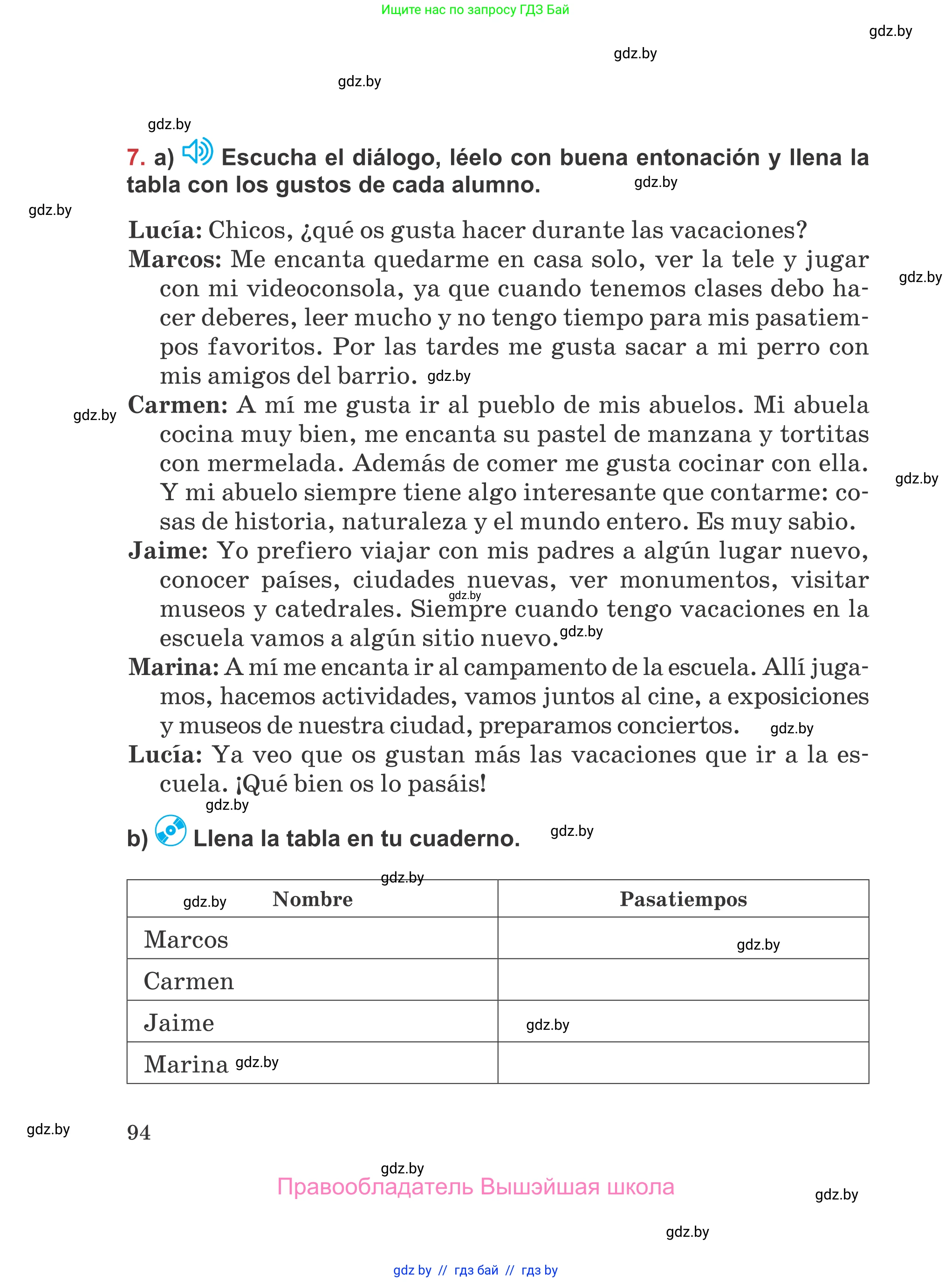 Испанский язык, 5 класс Учебник, авторы: Цыбулева Татьяна Эдуардовна, Пушкина Ольга Александровна, издательство Вышэйшая школа, Минск, 2017, оранжевого цвета, страница 94