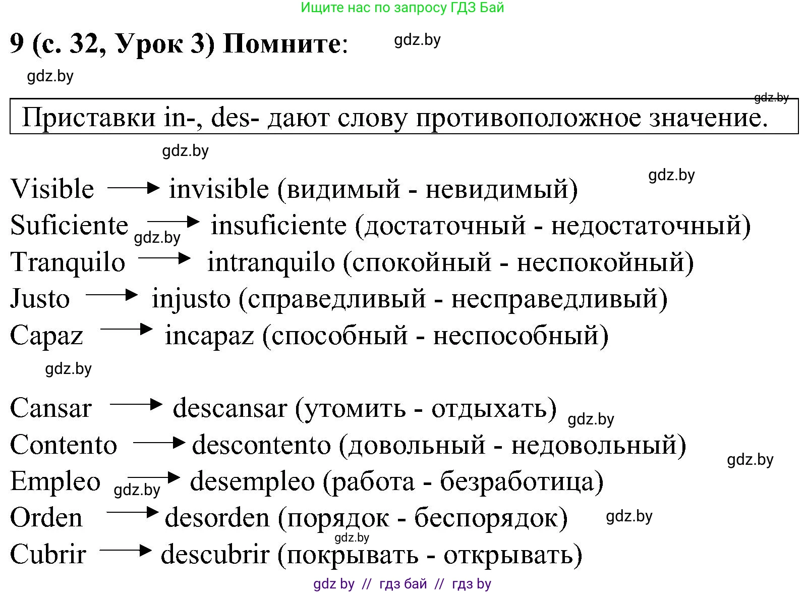 Испанский язык, 5 класс Учебник, авторы: Цыбулева Татьяна Эдуардовна, Пушкина Ольга Александровна, издательство Вышэйшая школа, Минск, 2017, оранжевого цвета, страница 32, номер 9, Решение