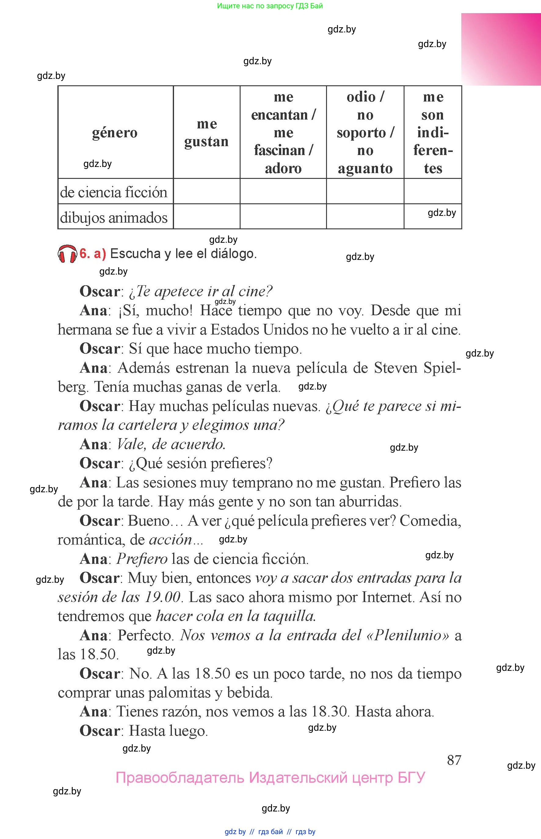 Испанский язык, 6 класс Учебник, авторы: Цыбулева Татьяна Эдуардовна, Пушкина Ольга Александровна, издательство Издательский центр БГУ, Минск, 2018, Часть 1, страница 87