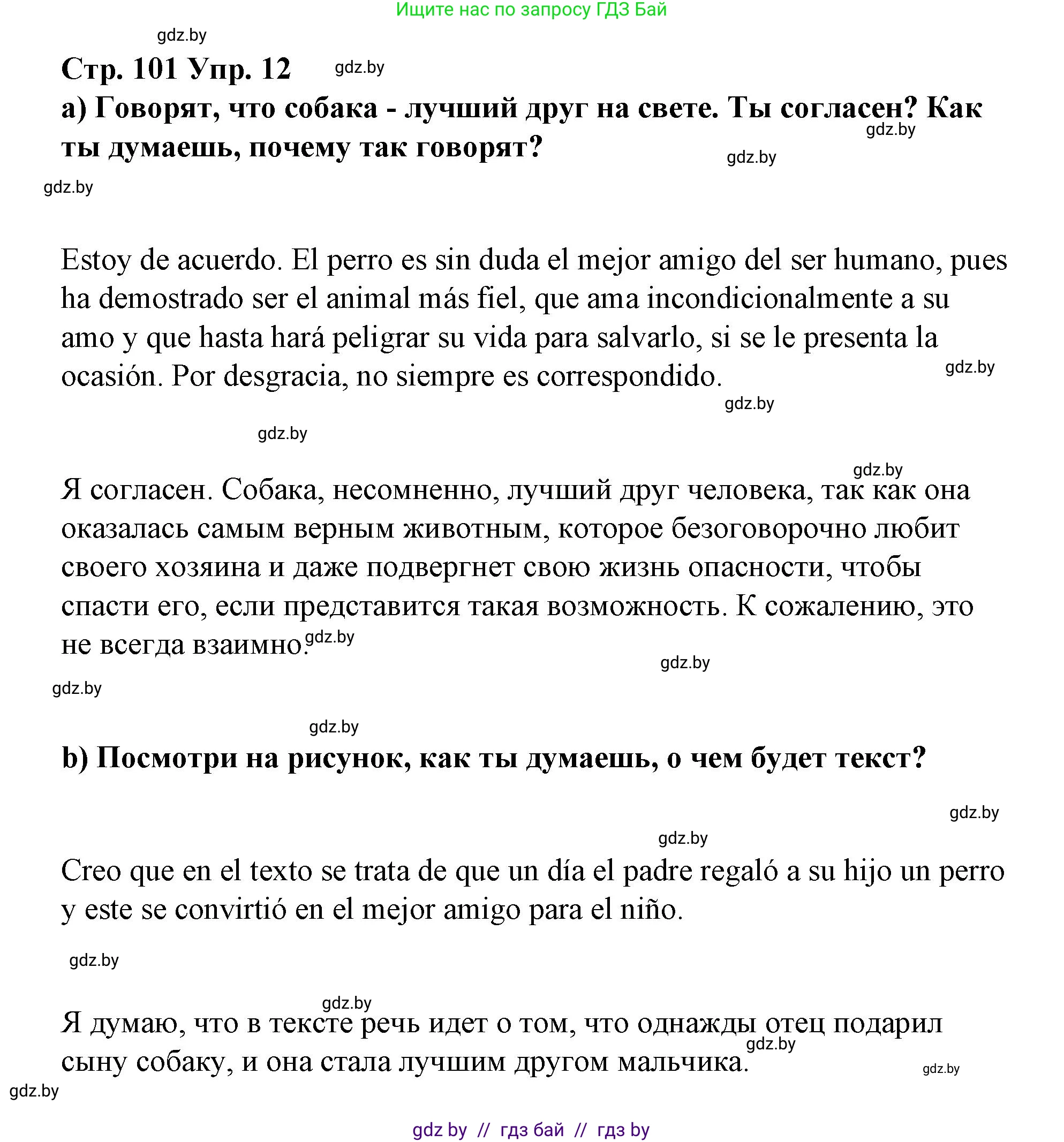 Испанский язык, 7 класс Учебник, авторы: Цыбулева Татьяна Эдуардовна, Пушкина Ольга Александровна, Карпиевич Галина Константиновна, издательство Издательский центр БГУ, Минск, 2019, бирюзового цвета, Часть 1, страница 101, номер 12, Решение