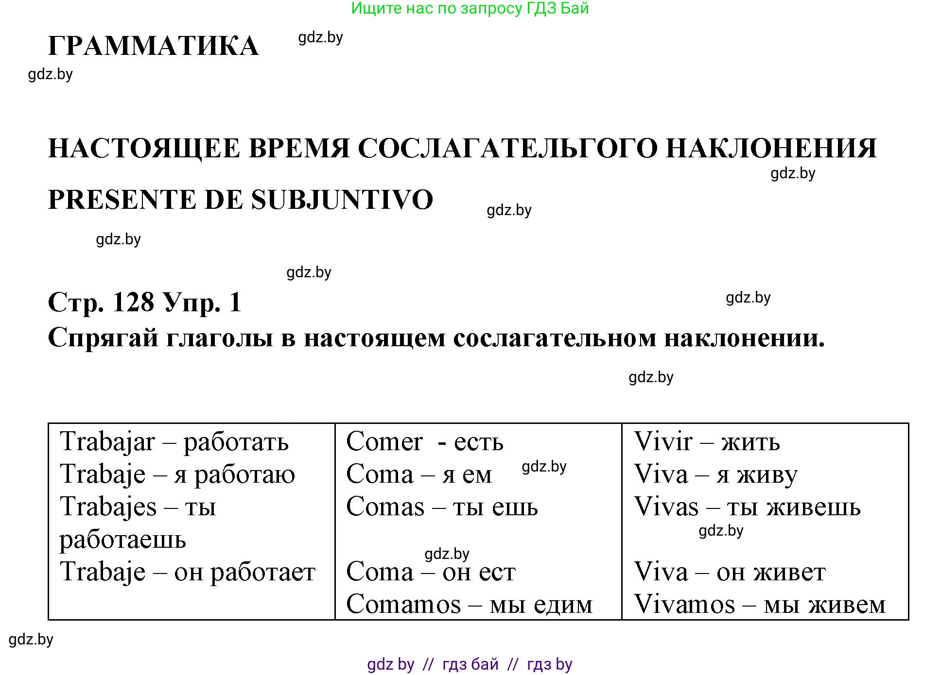Испанский язык, 7 класс Учебник, авторы: Цыбулева Татьяна Эдуардовна, Пушкина Ольга Александровна, Карпиевич Галина Константиновна, издательство Издательский центр БГУ, Минск, 2019, бирюзового цвета, Часть 1, страница 128, номер 1, Решение