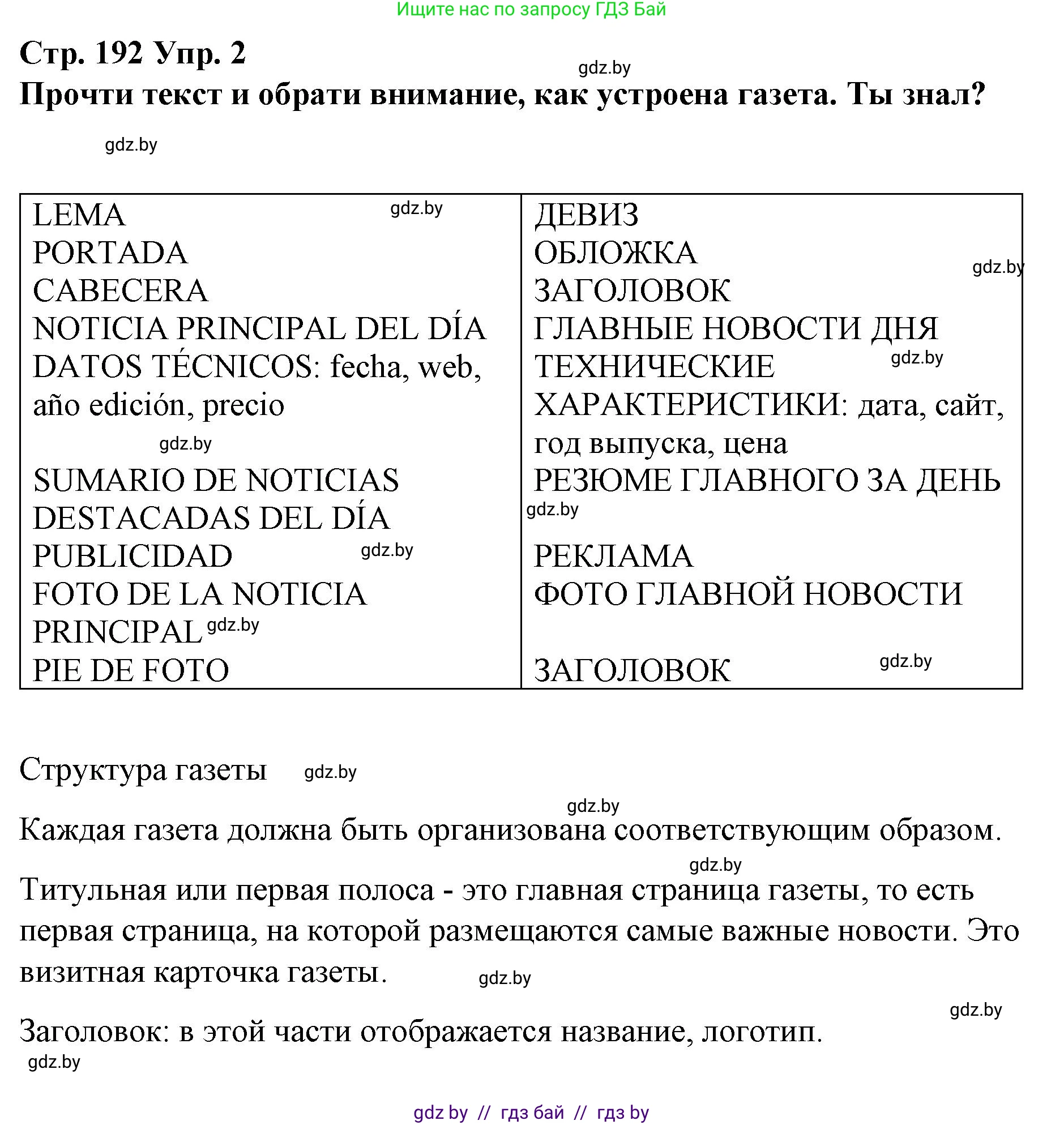 Испанский язык, 10 класс Учебник, авторы: Гриневич Елена Карловна, Янукенас Ольга Викторовна, издательство Вышэйшая школа, Минск, 2019, оранжевого цвета, страница 192, номер 2, Решение