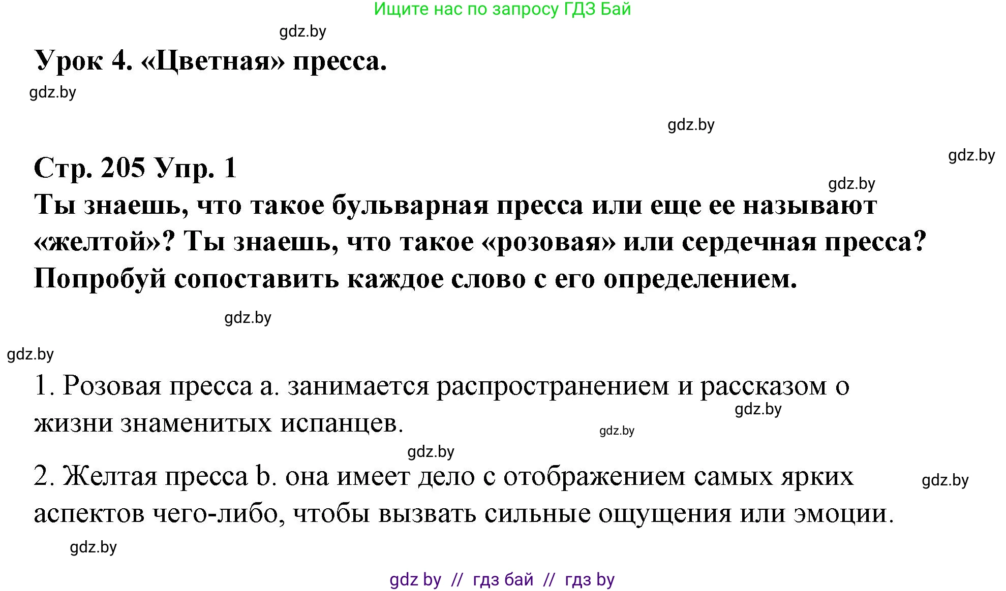 Испанский язык, 10 класс Учебник, авторы: Гриневич Елена Карловна, Янукенас Ольга Викторовна, издательство Вышэйшая школа, Минск, 2019, оранжевого цвета, страница 205, номер 1, Решение